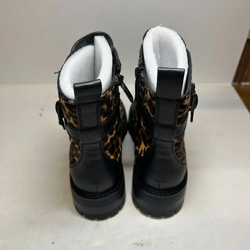Karl Lagerfeld Womens 7.5 M Leopard Print Cow Fur Maeva Combat Boots DISPLAY QY5